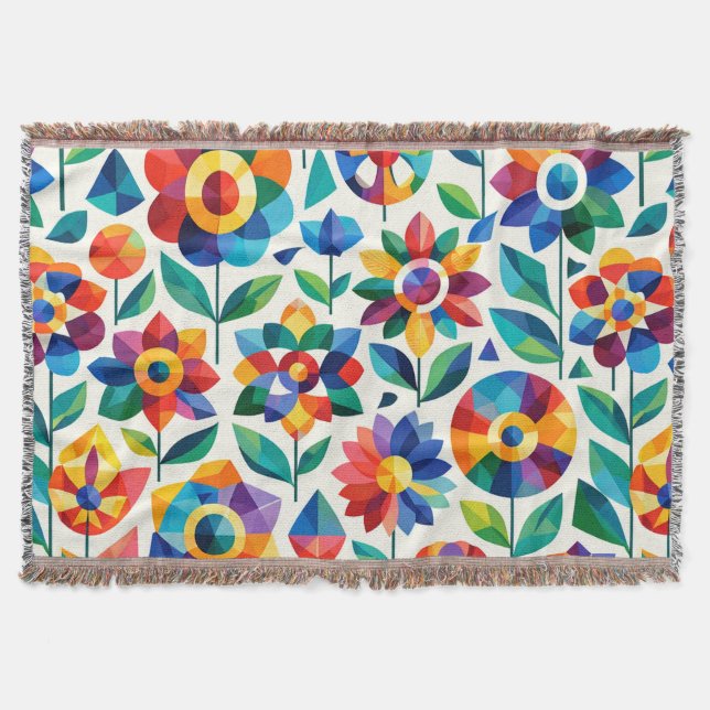Färgrik geometrisk blommig mönster retro modern bl filt (Framsidan)
