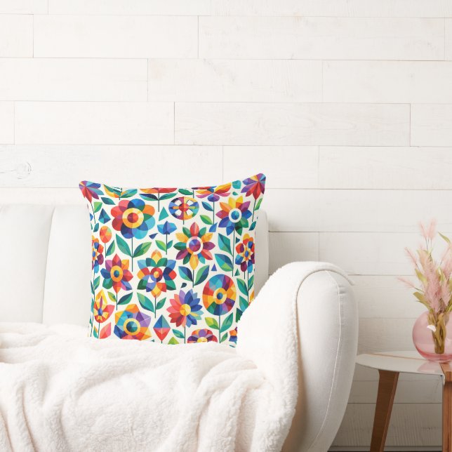 Färgrik geometrisk blommönster Retro Modern Blu Kudde (Soffa)