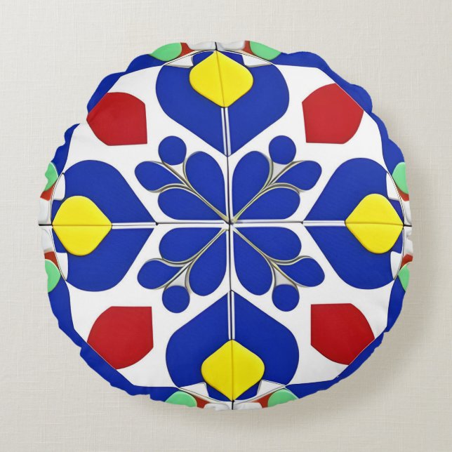 Färgrik geometrisk inspirerad blommig mönster rund kudde (Framsidan)
