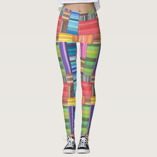 Färgrik geometrisk randig mönster i regnbåge  leggings (Framsida)