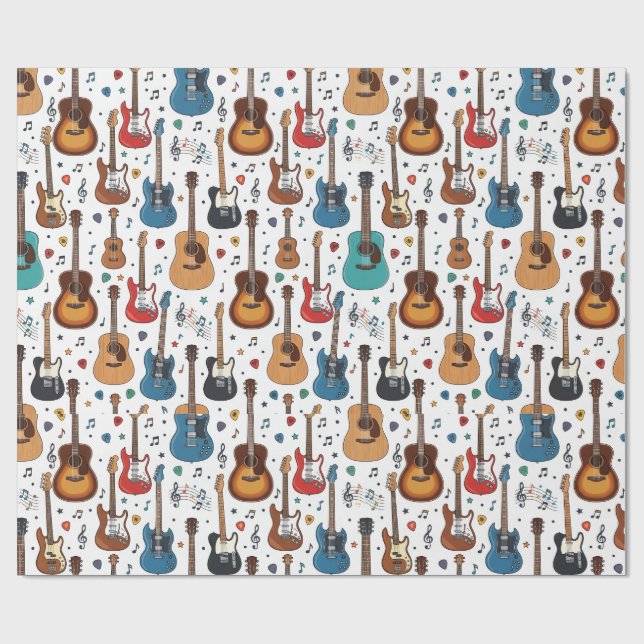 Färgrik gitarr och musikmönster presentpapper (Platt)