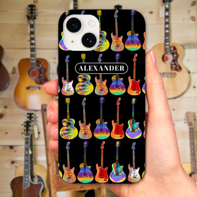Färgrik gitarrdesign på svart med namn (Colorful Guitar pattern on black with custom name modern mobile phone case for guitarists musicians )