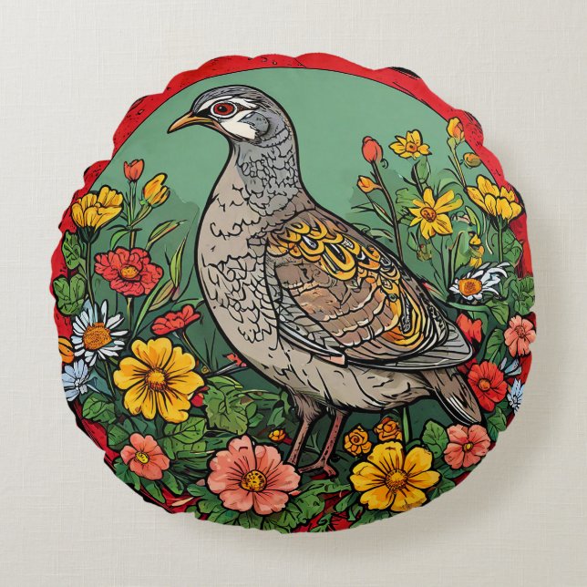 Färgrik grå rapphöna fågel rund kudde (Framsidan)