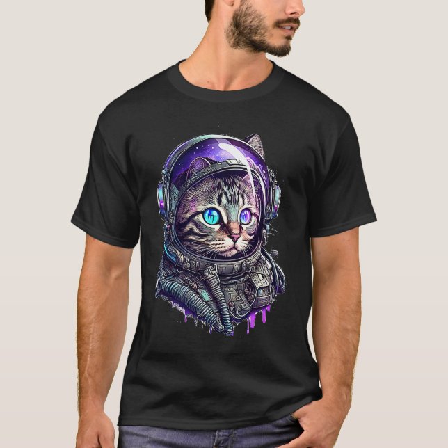 Färgrik Grafisk Katt Astronaut Rymden T Shirt (Framsida)