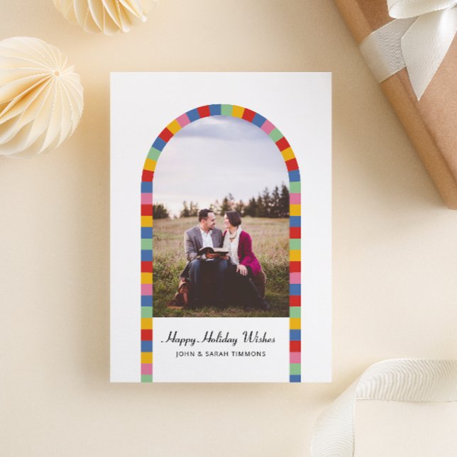 Färgrik gräns ark foto jul helgdag julkort (custom colored arched border of colorful squares one photo Christmas holiday card)