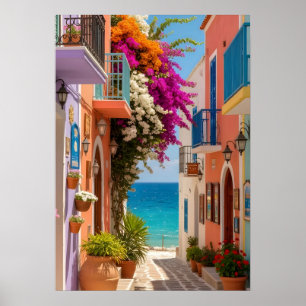 Färgrik grekisk kustby Bougainvillea-vägg  Poster