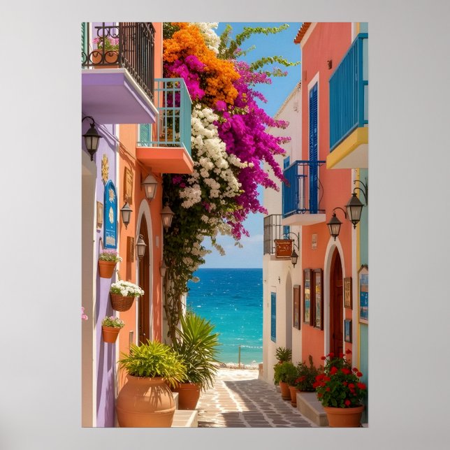 Färgrik grekisk kustby Bougainvillea-vägg  Poster (Framsidan)