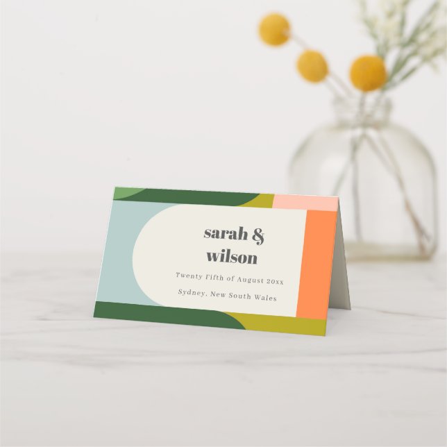 Färgrik Groovy Retro Båge Abstrakt Djärv Bröllop Placeringskort (Framsida)