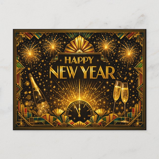 Färgrik guld Art Deco Gott nytt år Helg Vykort (Framsida)