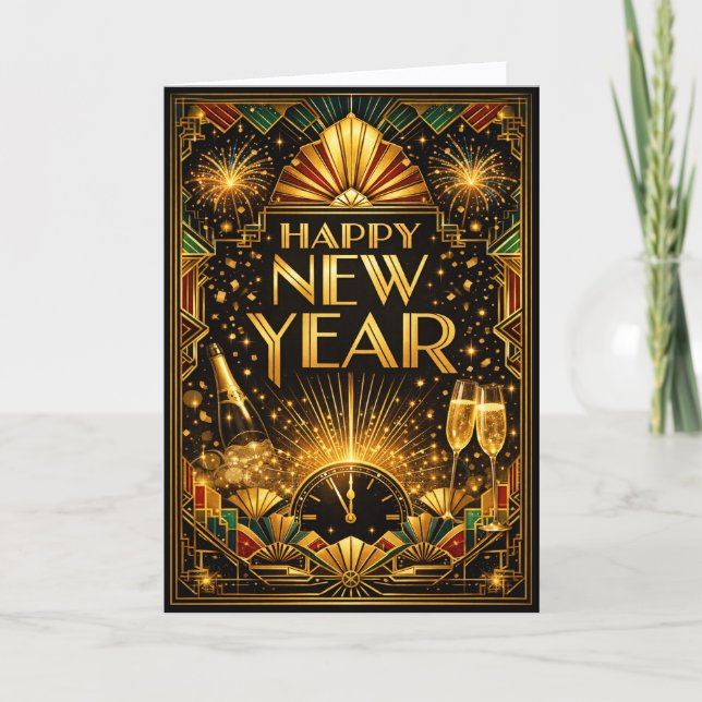 Färgrik guld Art Deco Gott nytt år Helgkort (Framsida)
