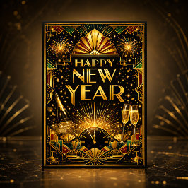 Färgrik guld Art Deco Gott nytt år Helgkort