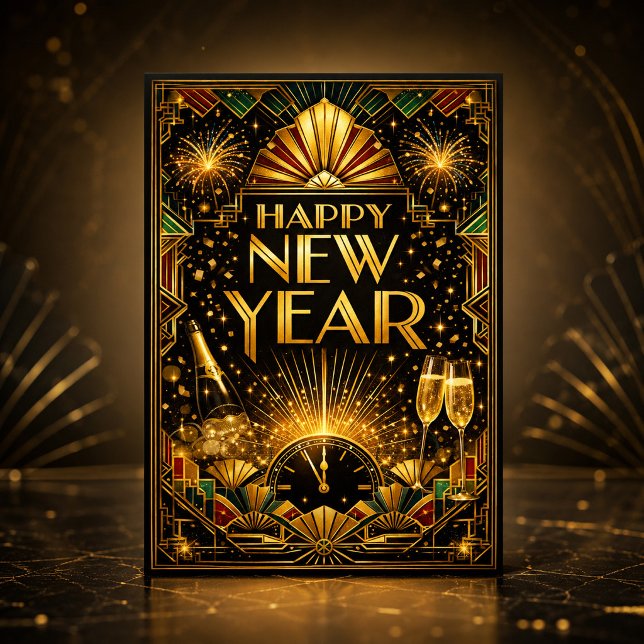 Färgrik guld Art Deco Gott nytt år Helgkort (Skapare uppladdad)