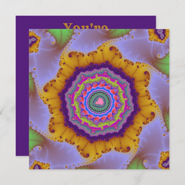 Färgrik guld- och lila fraktal födelsedagsfirande inbjudningar (Fram/baksida)