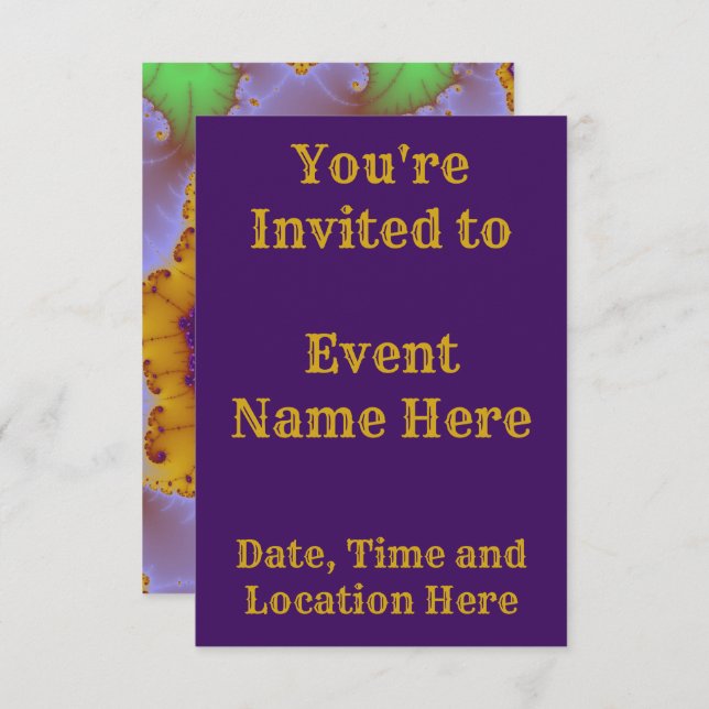 Färgrik guld- och lila fraktal födelsedagsinbjudan inbjudningar (Fram/baksida)