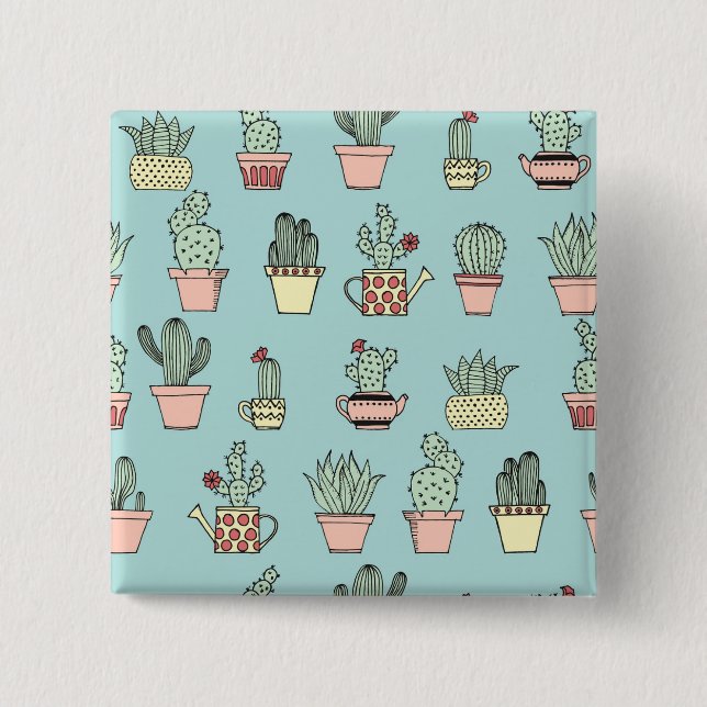 Färgrik gullig kaktus i hand plockadestilmönster knapp (Framsida)