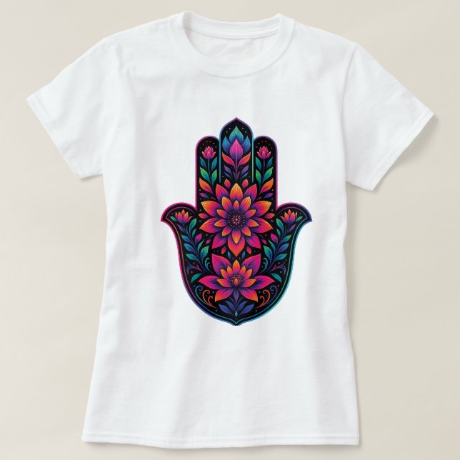 Färgrik Hamsa-hand med blommande mandala – Boho-st T Shirt (Design framsida)