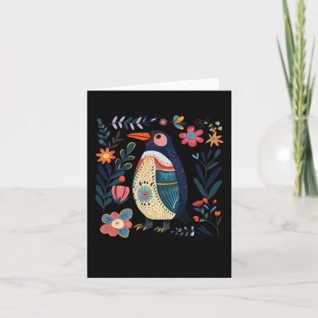 Färgrik Handritad Pingvillustration Med Blommor Kort (Framsida)