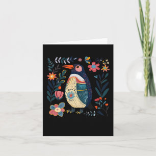 Färgrik Handritad Pingvillustration Med Blommor Kort