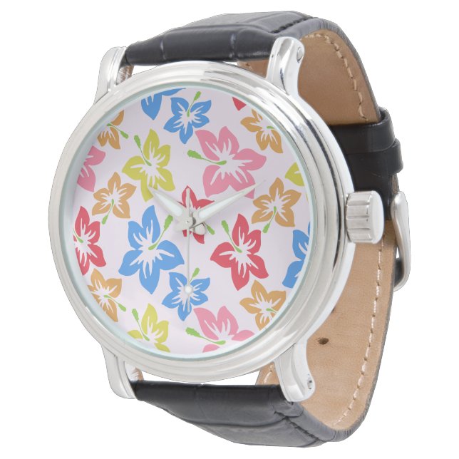 Färgrik Hibiskus, Blommönster Armbandsur (Vinklad)
