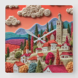 Färgrik Hilltop Town Broderi Konst Vägg Fyrkantig Klocka