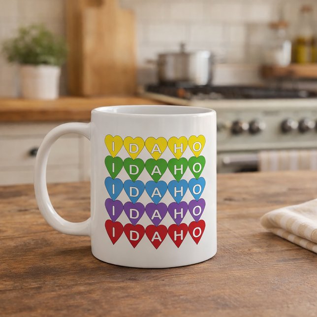 Färgrik hjärtform från Idaho Kaffemugg (A mug that says Idaho in a rainbow heart pattern)