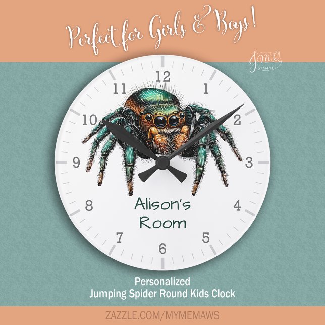 Färgrik hoppande spindel pojkrum  rund klocka (Colorful Jumping Spider Kid's Room Round Clock)