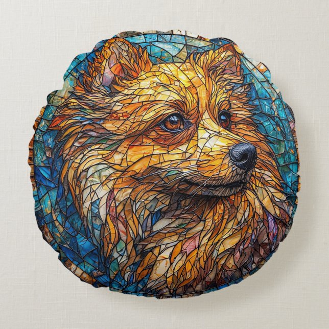 Färgrik hund mosaikporträtt rund kudde (Framsidan)