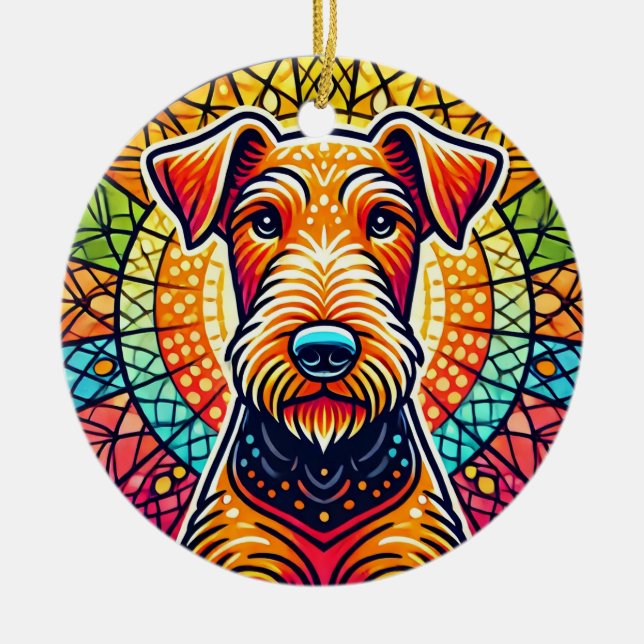 Färgrik hundillustration julgransprydnad keramik (Framsidan)