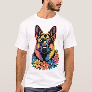 Färgrik hundkonst med blommor och nyanser t shirt
