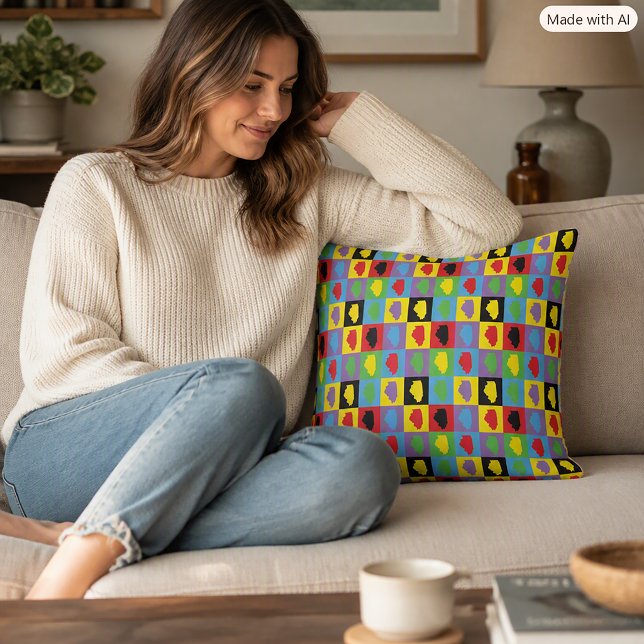 Färgrik Illinois Pop Art-ruta Kudde (A throw pillow featuring a pop art pattern of the US state of Illinois in a rainbow of colors.)