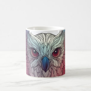 färgrik illustration av en ugglas ansikte, kaffemugg