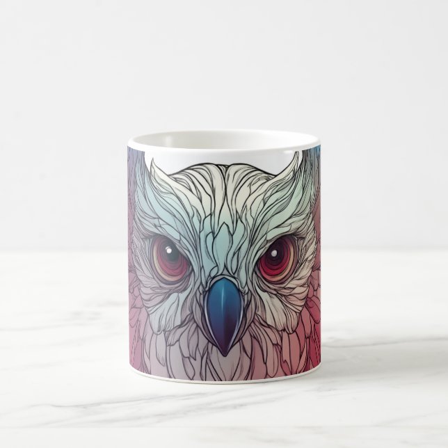 färgrik illustration av en ugglas ansikte, kaffemugg (Center)