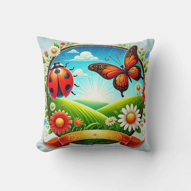 Färgrik illustration av fjäril, nyckelpiga, blomma kudde (Framsida)