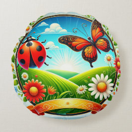 Färgrik illustration av fjäril, nyckelpiga, blomma rund kudde