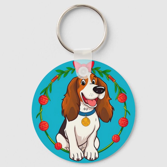 Färgrik illustration av glad hund som sitter nyckelring (Framsida)