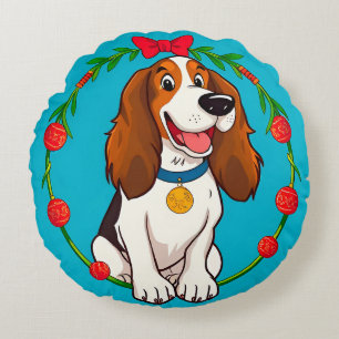 Färgrik illustration av glad hund som sitter rund kudde