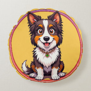 Färgrik illustration av lycklig hund som sitter rund kudde