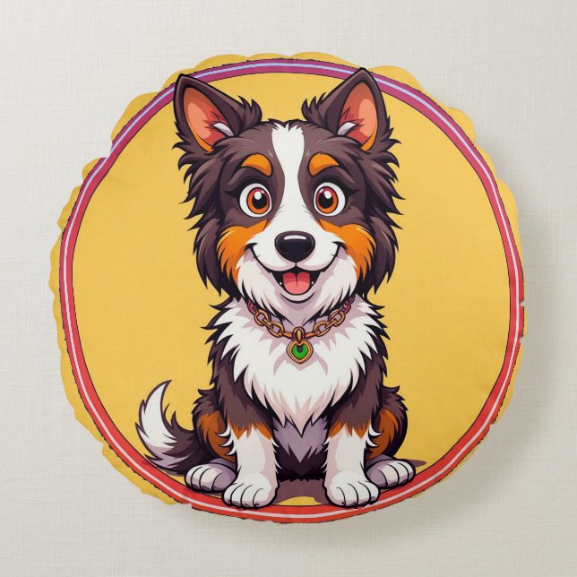 Färgrik illustration av lycklig hund som sitter rund kudde (Framsidan)