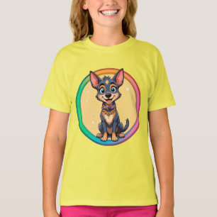Färgrik illustration av lycklig hund som sitter t shirt