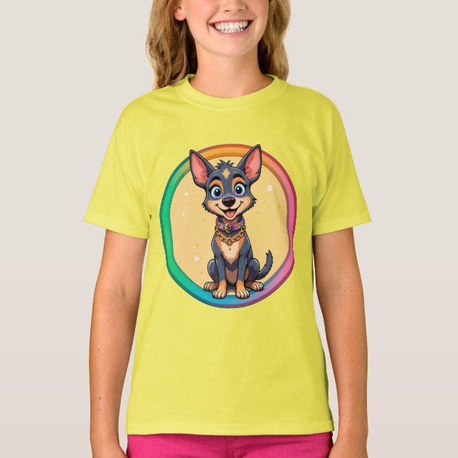 Färgrik illustration av lycklig hund som sitter t shirt (Framsida)