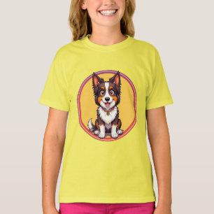 Färgrik illustration av lycklig hund som sitter t shirt