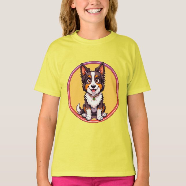 Färgrik illustration av lycklig hund som sitter t shirt (Framsida)