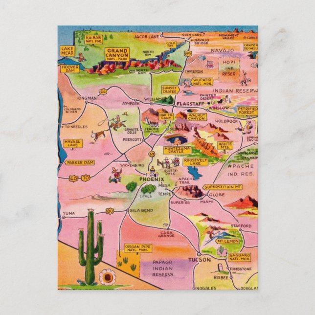 Färgrik Illustrerad Arizona-karta Postkort Vykort (Framsida)