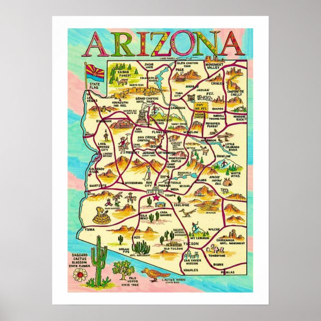 Färgrik Illustrerad Arizona Karttryck Poster (Framsidan)