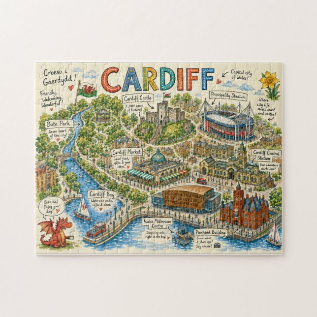 Färgrik Illustrerad Karta över Cardiff Pussel (Horisontell)