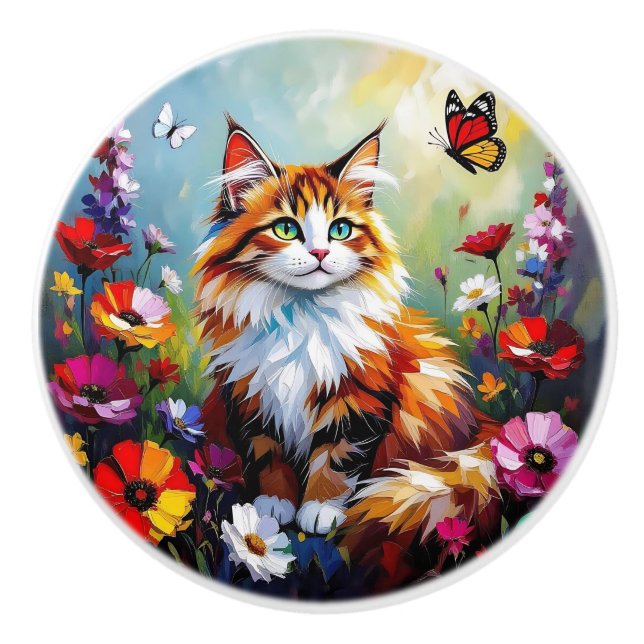 Färgrik Impasto Folk Art Katt   Knopp (Framsidan)