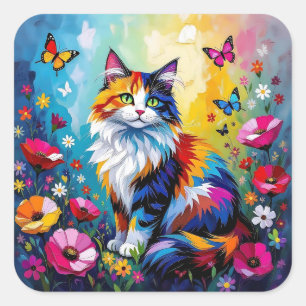 Färgrik Impasto Katt, Blommor och Fjärilar Fyrkantigt Klistermärke
