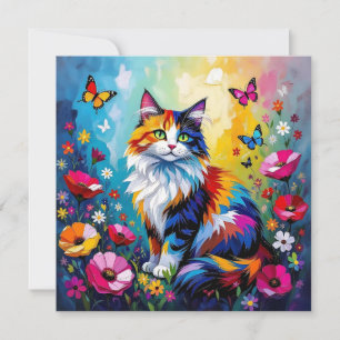 Färgrik Impasto Katt, Blommor och Fjärilar Kort