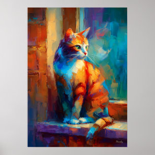 Färgrik Impressionistisk Katt Djur Målning Poster