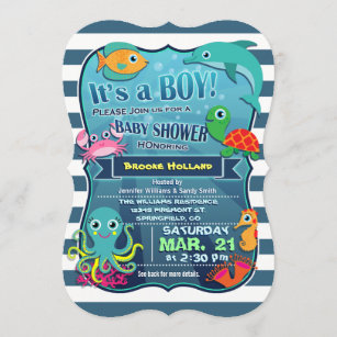 Färgrik inbjudan för baby shower för havslivpojke